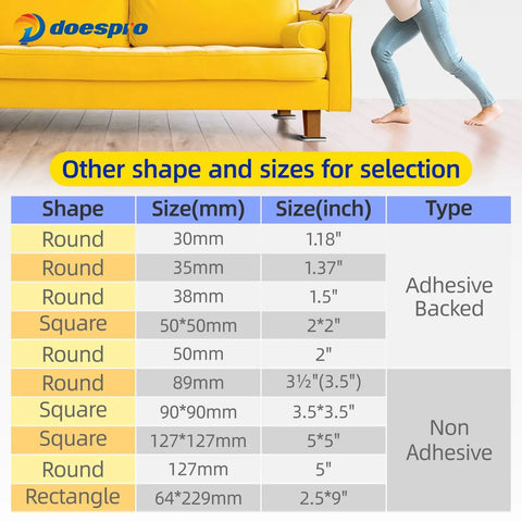 Chart of various furniture slider shapes and sizes, including 16 Pack Large Square Furniture Sliders Three Point Five Inch Heavy Duty Movers.