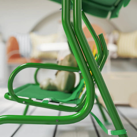 Close-up of Kids Patio Swing 2-Seater Outdoor Swing Chair With Adjustable Canopy And Safety Belt Lion Pattern, green metal frame
