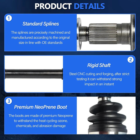 Front CV Axle Set For Dodge Ram 1500 2002 To 2011 4WD Left And Right Replacement Shaft Compatible With Laramie SLT SRT10 Sport SXT Models Heavy Duty Construction High Tensile Steel For Tough Road Conditions, close-up of splines, shaft and neoprene boot