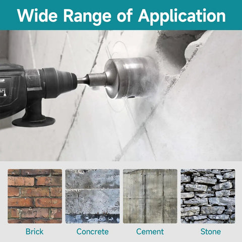 Boss Level 6 Piece Masonry Concrete Hole Saw Kit With Tungsten Carbide Segments And Heat Treated Steel Hub in use on concrete wall.