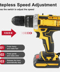 Pro Grade 21V Cordless Electric Drill Driver Kit With Two 1200 mAh Lithium Batteries And Multi Speed Settings featuring stepless speed adjustment.