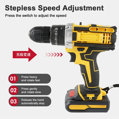 Heavy Duty Cordless Electric Drill Kit Loaded With Dual 21V Lithium Batteries Straight Up Variable Speed Control close-up view of speed adjustment features.