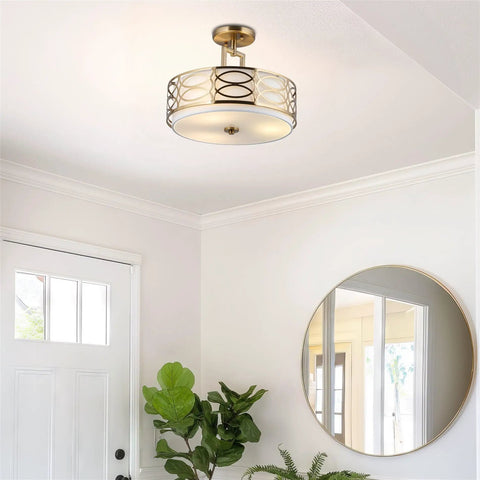 Fifteen Inch Three Light Semi Flush Mount Ceiling Light With White Fabric Shade And Glass Diffuser In Chrome Finish Sleek Modern Vibe Intricate Lattice Detailing Perfect For Living Room Or Foyer Decor Easy To Install