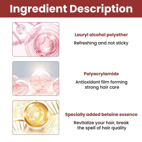 Ingredient description with lauryl alcohol polyether, polyacrylamide, and betaine essence highlighting benefits like hair care.