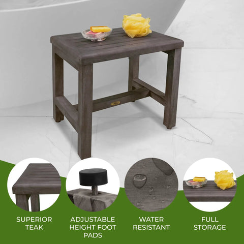 18 Inch Gray Waterproof Teak Wood Shower Bench No Slip Stool Inside Shower Seat For Safety And Storage