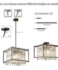 Dope Modern Black Crystal Foyer Pendant Chandelier With Square Metal Frame Adjustable Height Entryway Light Fixture