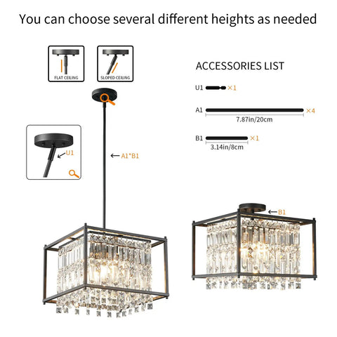 Dope Modern Black Crystal Foyer Pendant Chandelier With Square Metal Frame Adjustable Height Entryway Light Fixture