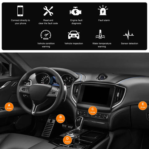 Car dashboard showing Bluetooth OBD2 Scanner For Car Wireless OBDII Diagnostic Tool Engine Code Reader interface and features.