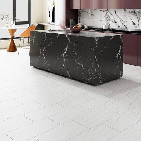 Grey White Marble Peel And Stick Floor Tiles 12x24 In 15 Pack Diy Ready Waterproof Vinyl Sheet Flooring Stick On And Removable For Bathroom And Kitchen Renovations Now installed in modern kitchen setting