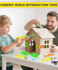 Parent and child building cardboard house with 129 Piece Cardboard Construction Kit For Kids With Safe Serrated Cutter Crease Roller Screws And Nuts STEM Educational Building Toys Gift For Boys And Girls Age 5 And Up Totally Hands On Fun