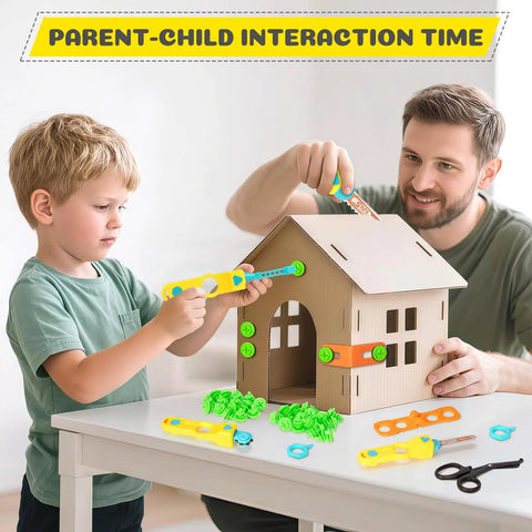 Parent and child building cardboard house with 129 Piece Cardboard Construction Kit For Kids With Safe Serrated Cutter Crease Roller Screws And Nuts STEM Educational Building Toys Gift For Boys And Girls Age 5 And Up Totally Hands On Fun