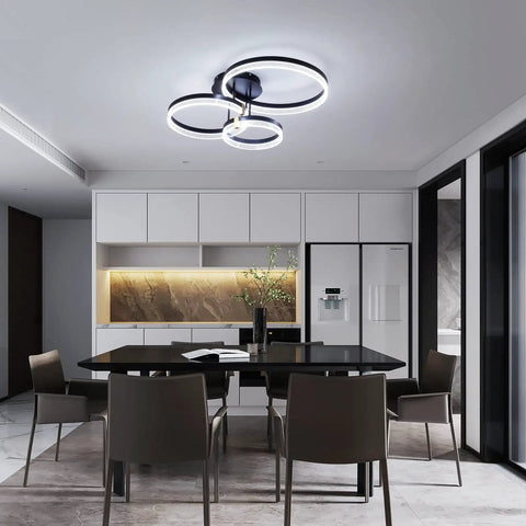 Modern LED Ceiling Light With Remote Control, Dimmable Acrylic Ring Chandelier, Two Ring Black Flush Mount Fixture installed in dining room