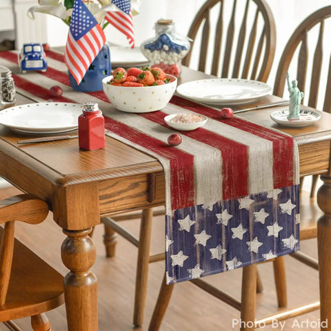 Dining table with American Flag Table Runner 13x72 Inch For 4th Of July Memorial Day Kitchen Dining Decor Durable Spun Polyester