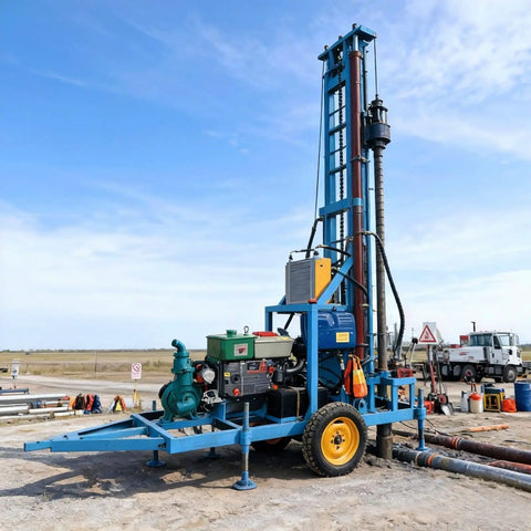 Portable Water Well Drilling Rig With Hydraulic Drive for small farms, shown on a construction site with a clear blue sky