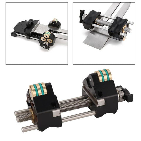 Pro Level Chisel Sharpening Jig With Adjustable Angle Ruler And Secure Clamps for Five To Seventy Millimeter Blades, aluminum and brass design.