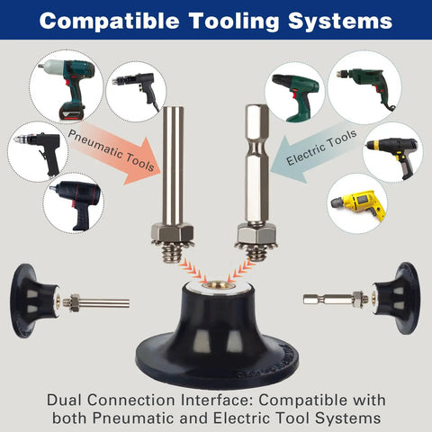 Dual connection interface of sanding discs kit for pneumatic and electric tool systems.