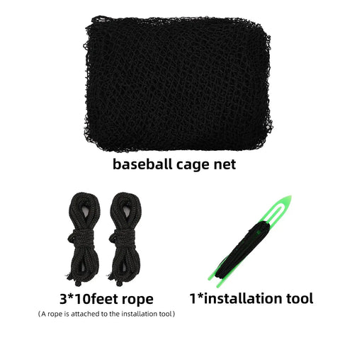 Heavy Duty 10x10x35ft Batting Cage Net for Backyard Baseball and Softball, ropes, and installation tool displayed