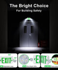 Heavy Duty LED Exit Sign And Emergency Light Combo Built Damn Tough With Double Sided Green Message above a door in a dim hallway.