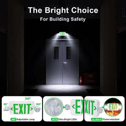 Heavy Duty LED Exit Sign And Emergency Light Combo Built Damn Tough With Double Sided Green Message above a door in a dim hallway.