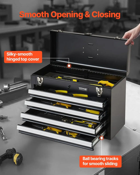 Rock Solid Portable Metal Tool Box With Four Deep Rollout Drawers And Smooth Ball Bearing Slides Secured By A Heavy Duty Lock For Pickup Truck Storage And Weekend Wrenching Projects