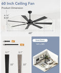 60 Inch Ceiling Fan No Light With Remote Black Modern Design Quiet DC Motor 6 Speeds 7 Blades Indoor Outdoor Reversible