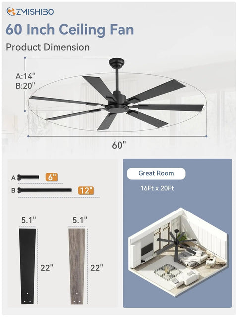 60 Inch Ceiling Fan No Light With Remote Black Modern Design Quiet DC Motor 6 Speeds 7 Blades Indoor Outdoor Reversible