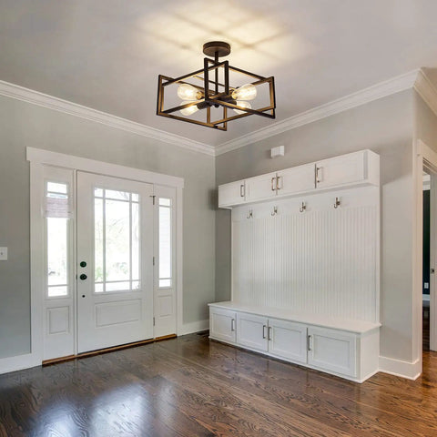 Four Light Black Industrial Flush Mount Ceiling Light Fixture For Kitchen Island And Dining Room Farmhouse Style installed in foyer