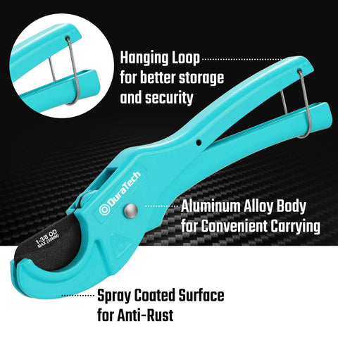 Side view of PEX Pipe Cutter For 1/8 To 1 Inch PEX And Rubber Hoses with PTFE coated blade and aluminum handle.