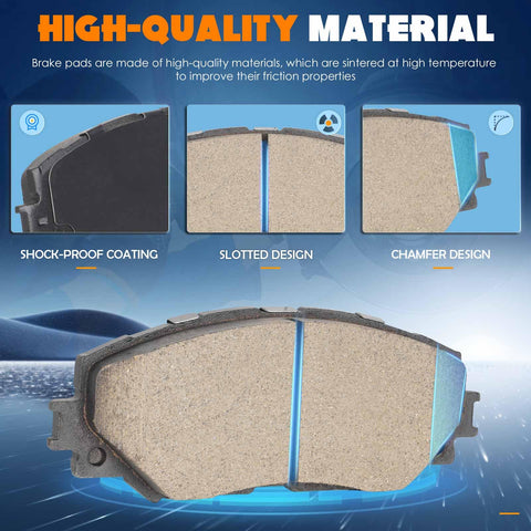 Front ceramic brake pads 4-pack; beige friction material with blue backing plate for Scion xD, Corolla, Matrix, Vibe, HS250h
