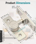 Heavy Duty 90 Degree Barn Door Lock With Zinc Alloy Build, Ball Bearing Latch, Nickel Finish, product dimensions displayed