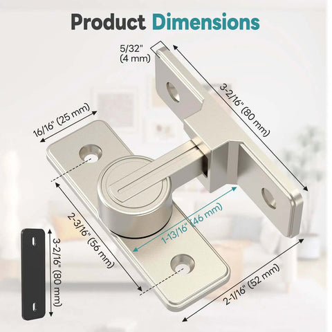 Heavy Duty 90 Degree Barn Door Lock With Zinc Alloy Build, Ball Bearing Latch, Nickel Finish, product dimensions displayed