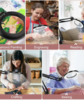 Collage of people using 8X Magnifying Glass With Light 5 Color Modes Stepless Dimmable LED Desk Lamp With Clamp for crafting, reading, and sewing.