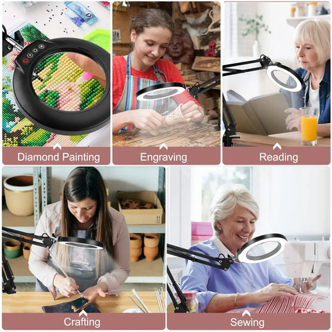 Collage of people using 8X Magnifying Glass With Light 5 Color Modes Stepless Dimmable LED Desk Lamp With Clamp for crafting, reading, and sewing.