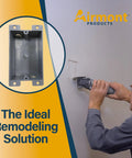 Worker cutting drywall next to Pack Of 6 Durable Plastic Electrical Boxes For Tight Remodel Jobs Shallow 8 Cu In Grey Single Gang Old Work Junction Box Receptacle And Switch Enclosures PVC Construction ETL Listed