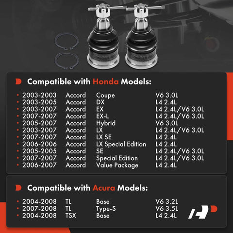 Front Lower Ball Joint For Honda Accord 2003 2007 And Acura TSX 2004 2008 TL 2004 2008 Driver Side And Passenger Side Left Right Replacement With OEM Style Drop In Fit Designed For Better Steering And Alignment Direct Bolt In No Modifications Required. two black metal ball joints with snap rings