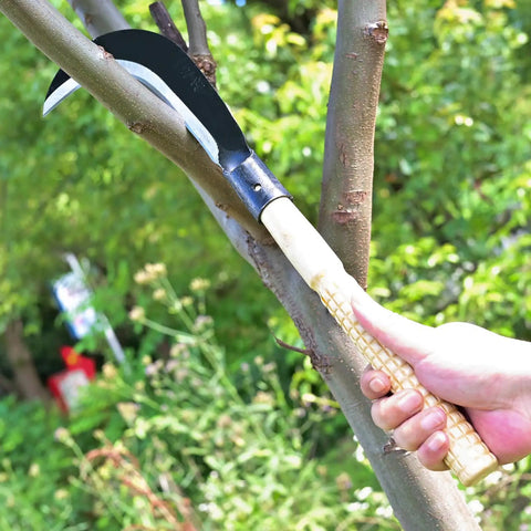 Versatile Manganese Steel Billhook Sickle Machete For Gardening And Weeding in use on tree branch outdoors