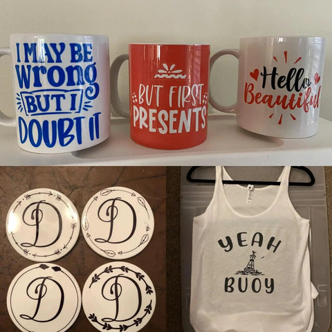 Assorted mugs and a tank top displayed with decorative coasters. Ready To Use Sublimation Transfer Sheets Set For Tumbler Tees And Mugs 14 Pieces Of 12 By 10 Inch Solid Color Insoluble Paper Pre Printed Sublimation Paper For Cricut Heat Press Mugs No Printer Needed For At Home.
