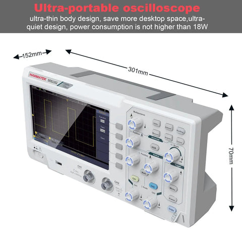 Dual Channel 110 MHz Digital Oscilloscope With 7 Inch TFT LCD Screen, Portable Pro Scope Kit showing dimensions