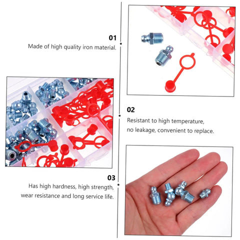 Grease Nipples Assortment Kit 100 Pcs Zerk Fittings With Caps in a plastic case, showing zinc-plated fittings and red caps.