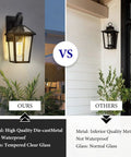 Comparison of Outdoor Wall Light Fixtures: left side high-quality matte black metal, right side inferior metal; both with glass shades