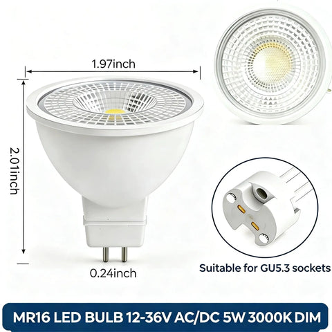 Smoother Than Butter Dimming MR 16 LED Bulbs 12V And 36V Low Voltage GU5.3 Base 3000K Warm White bulb dimensions 1.97x2.01 inches