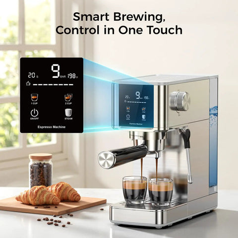 Rock Solid 20 Bar Espresso Maker Stainless Steel Chassis with digital screen brewing espresso in two glasses.