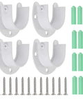 Four Pack Closet Rod End Brackets For One And A Half Inch Rods, U Shaped Pole Sockets, Easy Install, Durable Closet Pole Holders For Towels, Clothes, Belts And More In Closets, Bathrooms And Laundry Rooms. White U-shaped rod brackets with screws and anchors, 4-pack