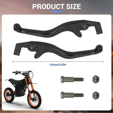 Electric Dirt Bike Hand Brake Lever Compatible With Soleil01 Tutto Tuttio E Bike Left Or Right Brake Handle Replacement For Tutti Soleil 01 Ebike Beefy Aluminum Alloy shown with bolts and dirt bike.