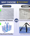 Comparison of TICCONN 12 Pack Of Extra Large Heavy Duty Moving Bags With Zippers And Thick Handles to other bags, highlighting PE material and handles.