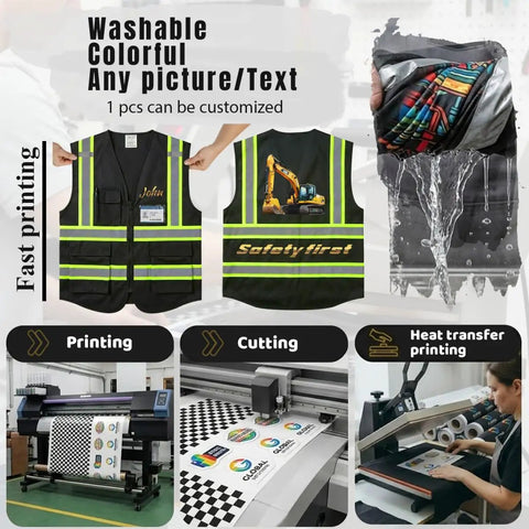 High Visibility Reflective Safety Vest With Custom Logo Hi Vis Work Uniform Built Tough For Construction Sites And Trucking Pros Who Gotta Get The Job Done, showcasing custom options and printing process.