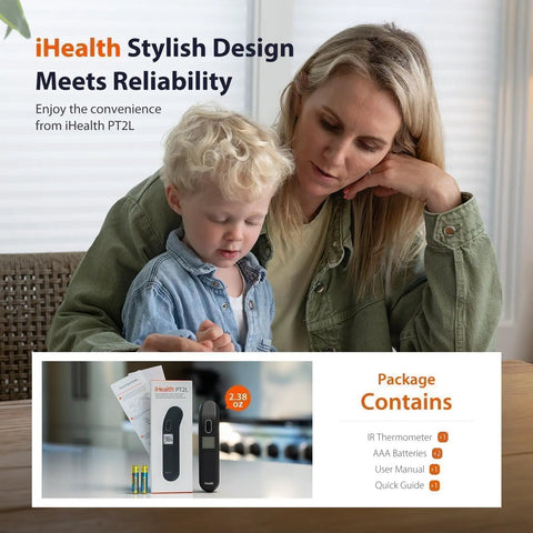 No Contact Forehead Thermometer For Adults And Kids With Color Coded Alerts And Silent Mode 1 Second Fever Readings Portable For Home And Travel Accurate Sensor Delivers Quick Hygienic Temperature Checks; iHealth PT2L kit