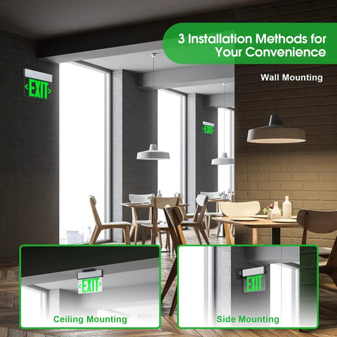 Green LED Edge Lit Exit Sign With Brushed Aluminum Housing UL Listed Emergency Exit Light Single Sided Clear Acrylic Battery Backup Hardwired AC 120347V Top Side Or Wall Mount 4 Pack, shown in various mounting options.