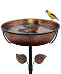 Metal Bird Bath For Outdoors 36 Inch Tall Stake With Removable 13 Inch Diameter Bowl And 3 Inch Deep Basin 1.4 Gallon Capacity Stable Stand Easy To Clean Weatherproof Garden Yard Lawn Decor To Attract Birds with two birds.