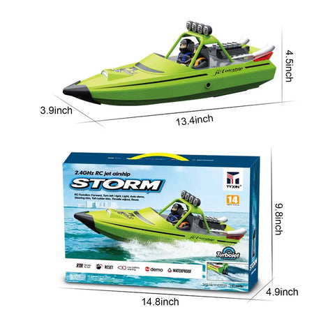 Beast High Speed RC Jet Boat With Auto Flip And Dual Batteries product box and dimensions